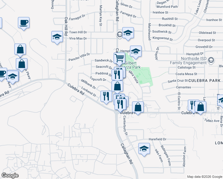 map of restaurants, bars, coffee shops, grocery stores, and more near 5939 Millbank Drive in San Antonio