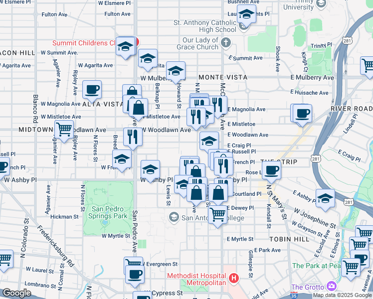 map of restaurants, bars, coffee shops, grocery stores, and more near 109 West French Place in San Antonio