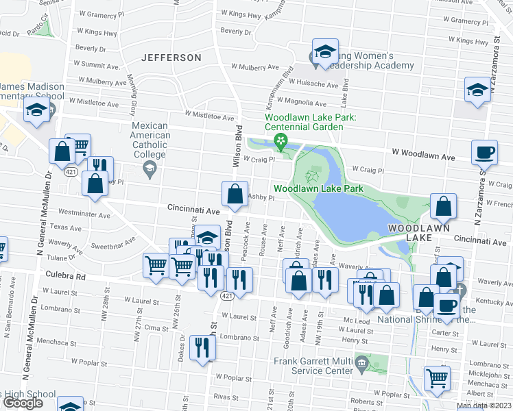 map of restaurants, bars, coffee shops, grocery stores, and more near 1706 Cincinnati Avenue in San Antonio
