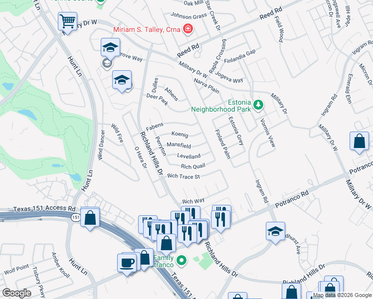 map of restaurants, bars, coffee shops, grocery stores, and more near 9019 Levelland in San Antonio