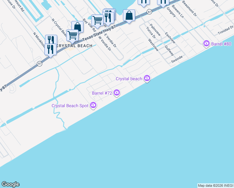 map of restaurants, bars, coffee shops, grocery stores, and more near 1804 Redfish Lane in Bolivar Peninsula
