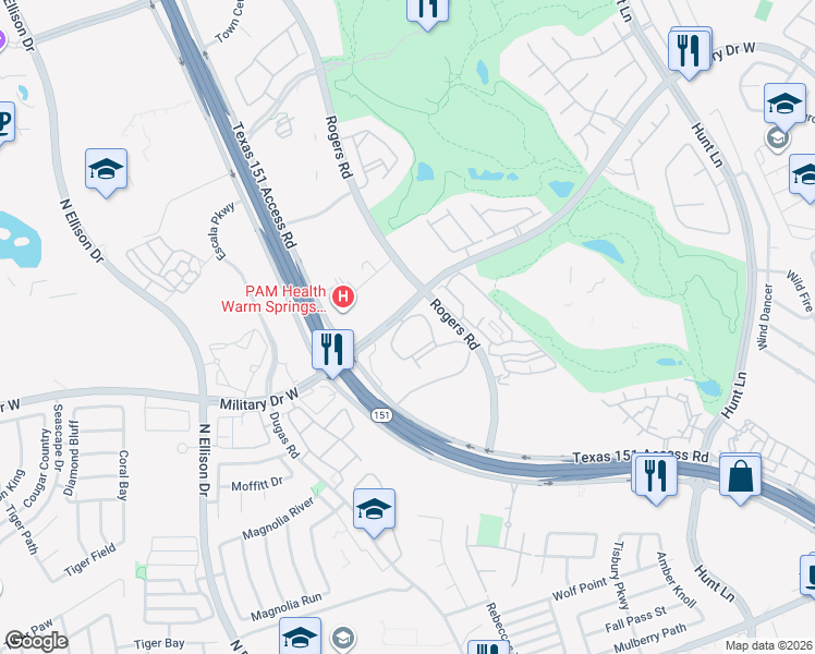 map of restaurants, bars, coffee shops, grocery stores, and more near 9914 Military Drive West in San Antonio