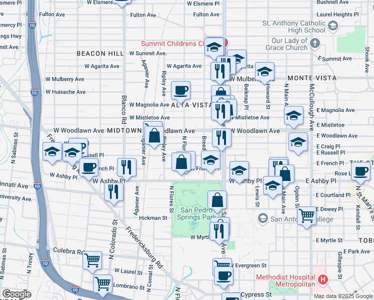 map of restaurants, bars, coffee shops, grocery stores, and more near 723 West Russell Place in San Antonio