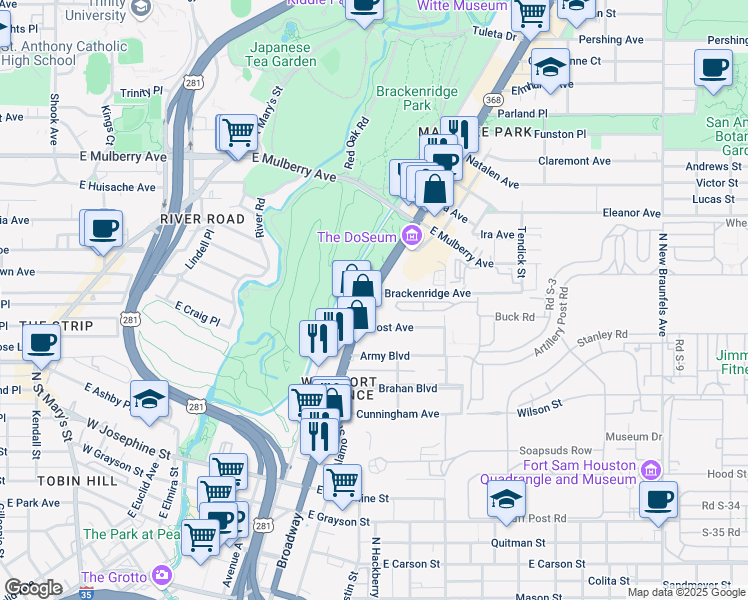 map of restaurants, bars, coffee shops, grocery stores, and more near 2600 Broadway in San Antonio