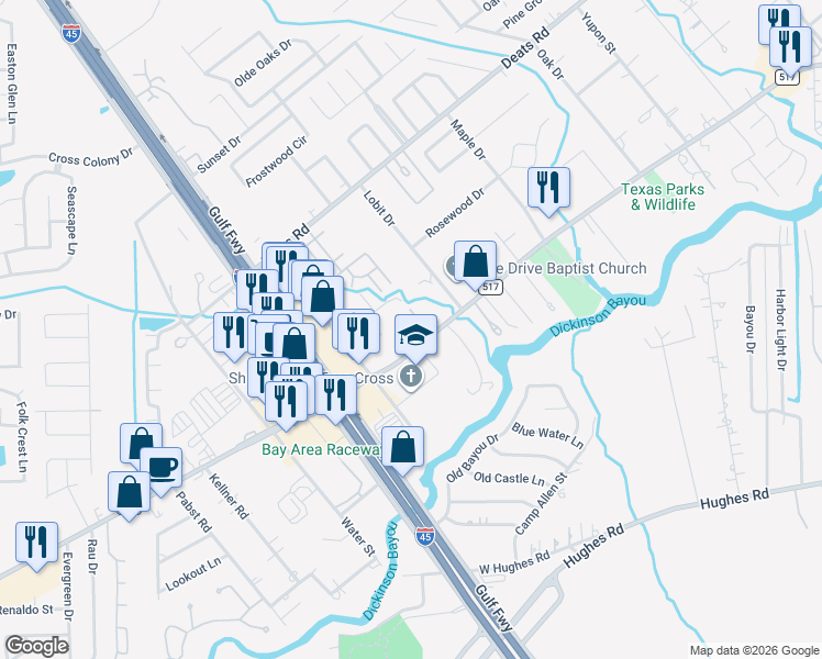 map of restaurants, bars, coffee shops, grocery stores, and more near 321 Fm 517 Road East in Dickinson