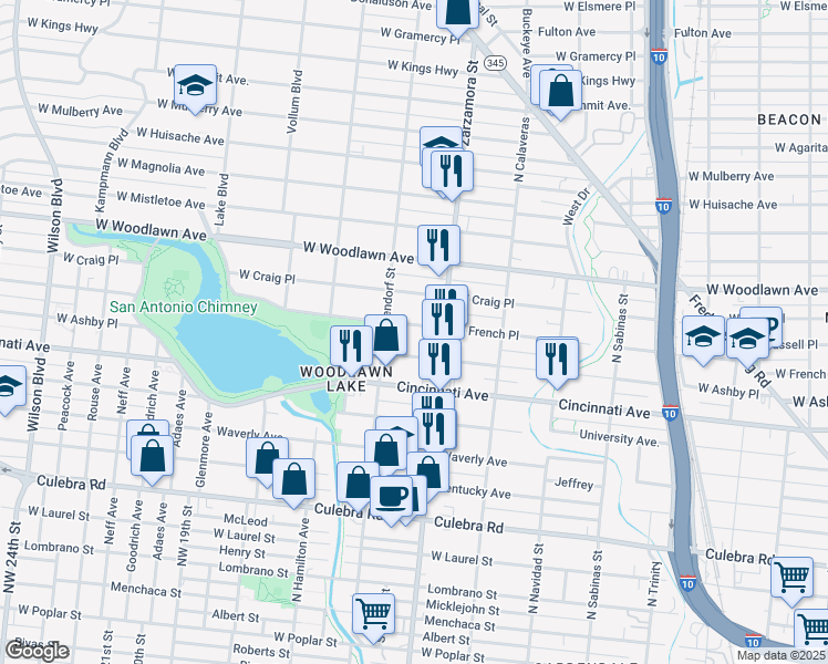 map of restaurants, bars, coffee shops, grocery stores, and more near 1943 West Ashby Place in San Antonio