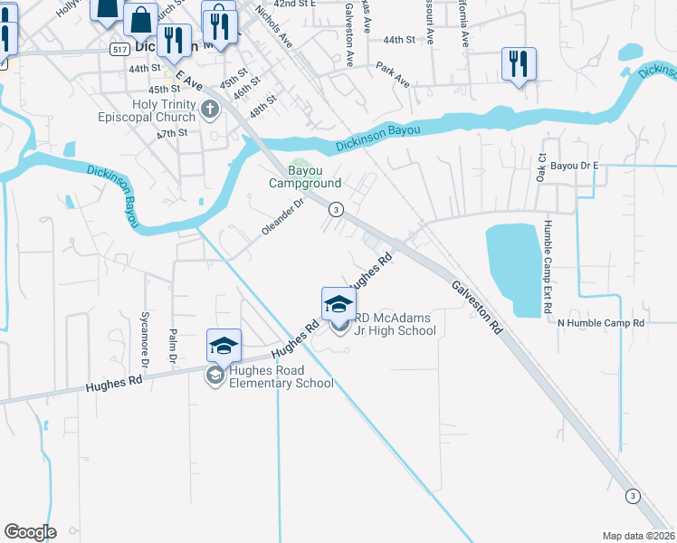map of restaurants, bars, coffee shops, grocery stores, and more near 2607 Hughes Road in Dickinson