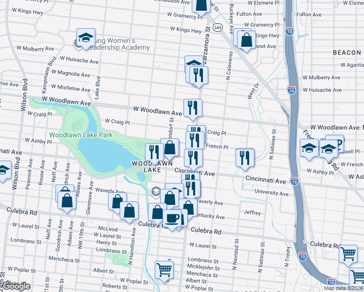 map of restaurants, bars, coffee shops, grocery stores, and more near 1943 West Ashby Place in San Antonio