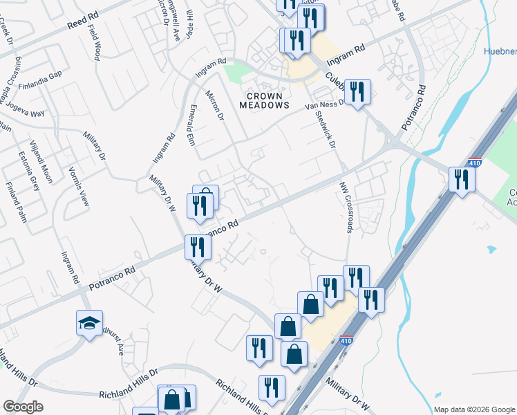 map of restaurants, bars, coffee shops, grocery stores, and more near 7727 Potranco Road in San Antonio