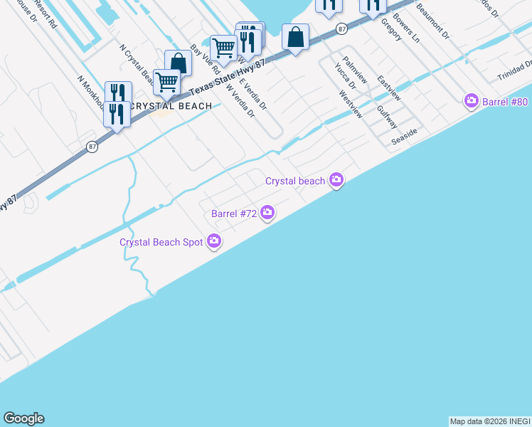 map of restaurants, bars, coffee shops, grocery stores, and more near 1804 Redfish Lane in Bolivar Peninsula
