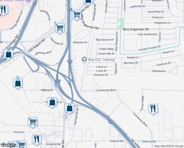 map of restaurants, bars, coffee shops, grocery stores, and more near 4746 Surveyor Drive in San Antonio