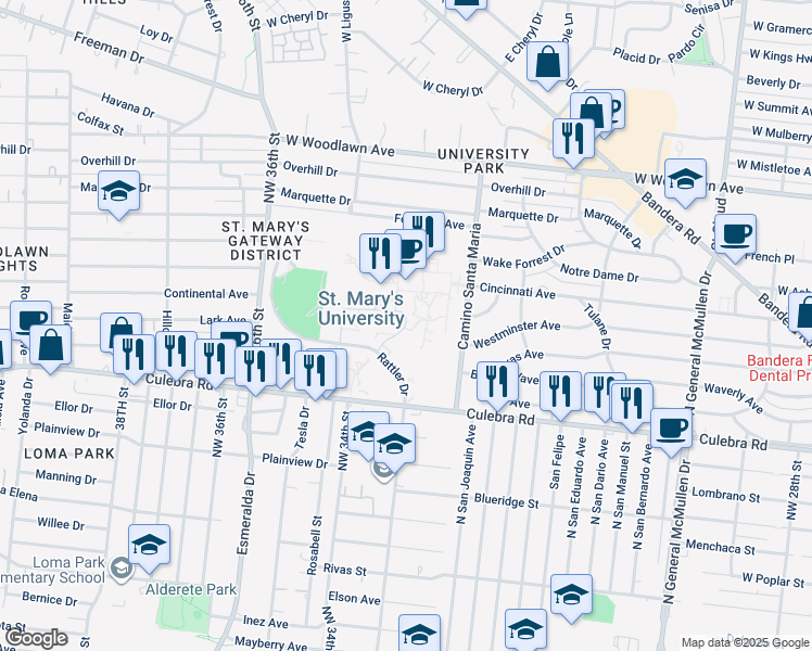 map of restaurants, bars, coffee shops, grocery stores, and more near 1 Camino Santa Maria in San Antonio