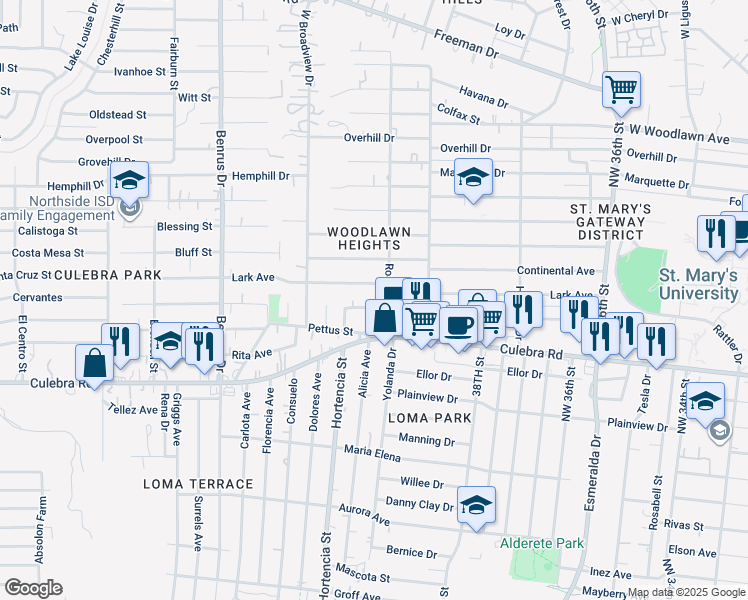map of restaurants, bars, coffee shops, grocery stores, and more near 410 Brandywine Avenue in San Antonio