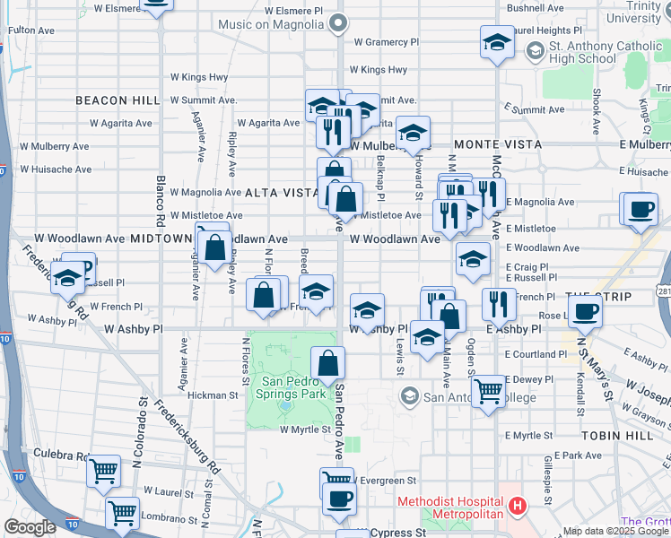 map of restaurants, bars, coffee shops, grocery stores, and more near 1718 San Pedro Avenue in San Antonio