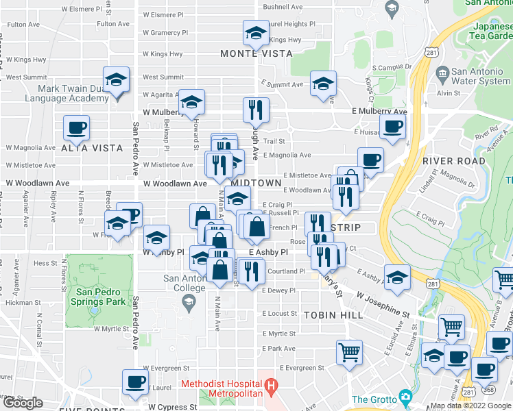 map of restaurants, bars, coffee shops, grocery stores, and more near McCullough Ave & E Craig Pl in San Antonio