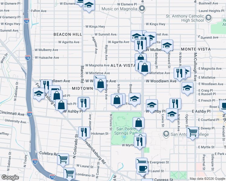 map of restaurants, bars, coffee shops, grocery stores, and more near 814 West Russell Place in San Antonio