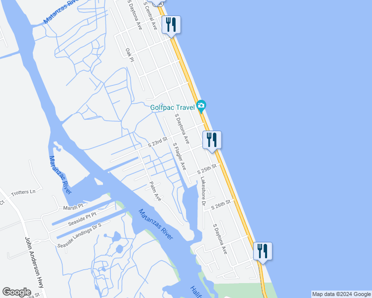 map of restaurants, bars, coffee shops, grocery stores, and more near 2412 South Daytona Avenue in Flagler Beach