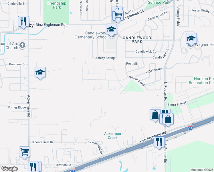 map of restaurants, bars, coffee shops, grocery stores, and more near 6104 Sunflower Path in San Antonio