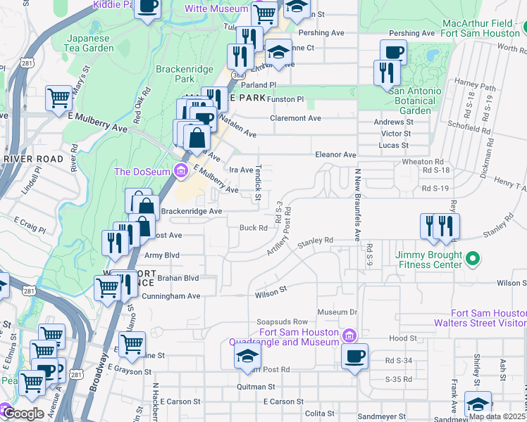 map of restaurants, bars, coffee shops, grocery stores, and more near 1939 Buck Road in San Antonio