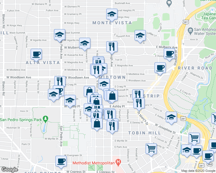 map of restaurants, bars, coffee shops, grocery stores, and more near 117 East French Place in San Antonio