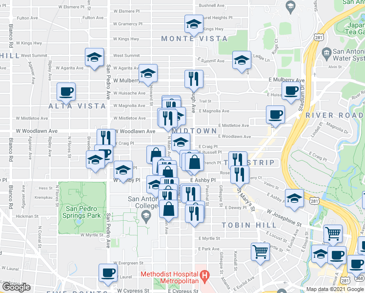 map of restaurants, bars, coffee shops, grocery stores, and more near 117 East French Place in San Antonio
