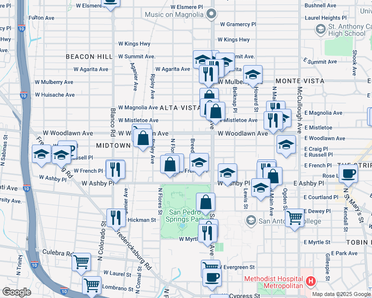 map of restaurants, bars, coffee shops, grocery stores, and more near 723 West Russell Place in San Antonio