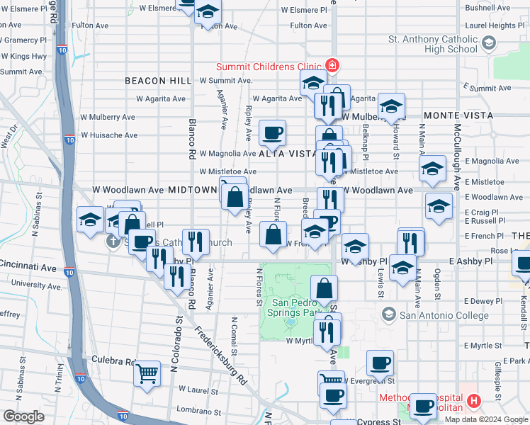 map of restaurants, bars, coffee shops, grocery stores, and more near 814 West Russell Place in San Antonio
