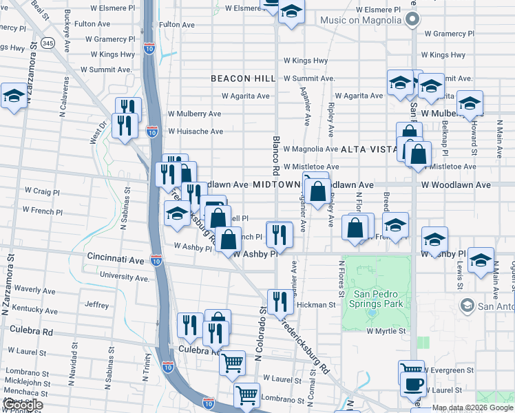map of restaurants, bars, coffee shops, grocery stores, and more near 1144 West Russell Place in San Antonio
