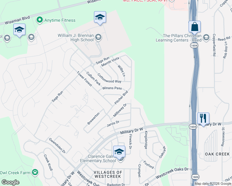 map of restaurants, bars, coffee shops, grocery stores, and more near 11715-11719 Millsway Drive in San Antonio