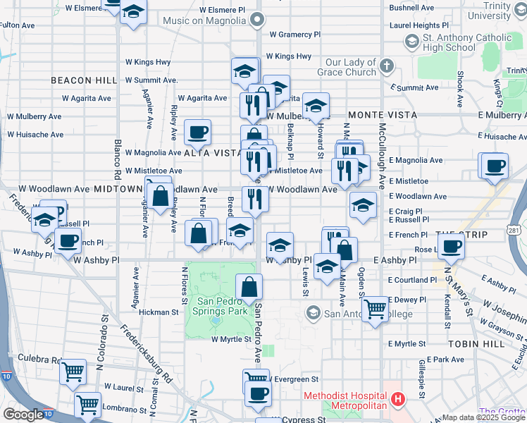 map of restaurants, bars, coffee shops, grocery stores, and more near 1718 San Pedro Avenue in San Antonio