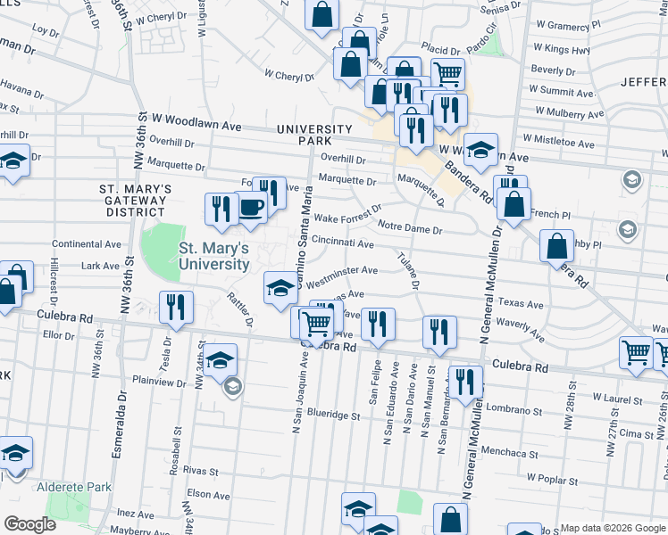 map of restaurants, bars, coffee shops, grocery stores, and more near 516 Westminster Avenue in San Antonio