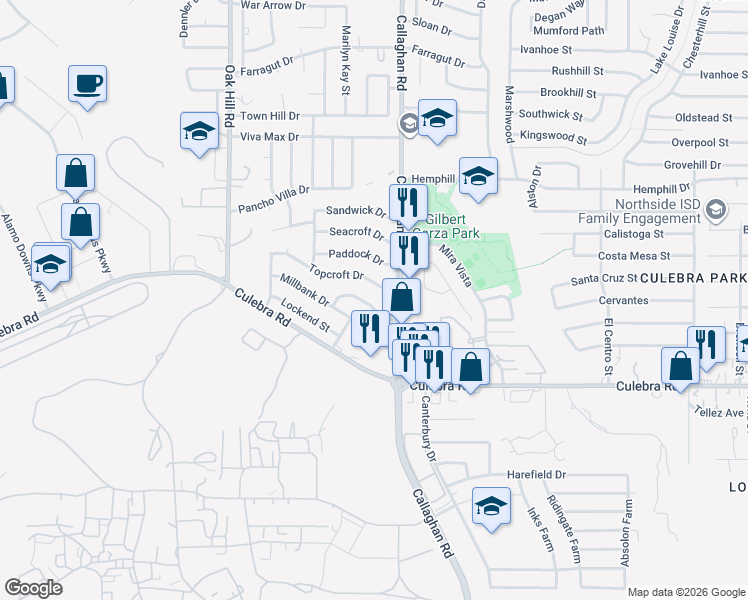 map of restaurants, bars, coffee shops, grocery stores, and more near 5939 Millbank Drive in San Antonio