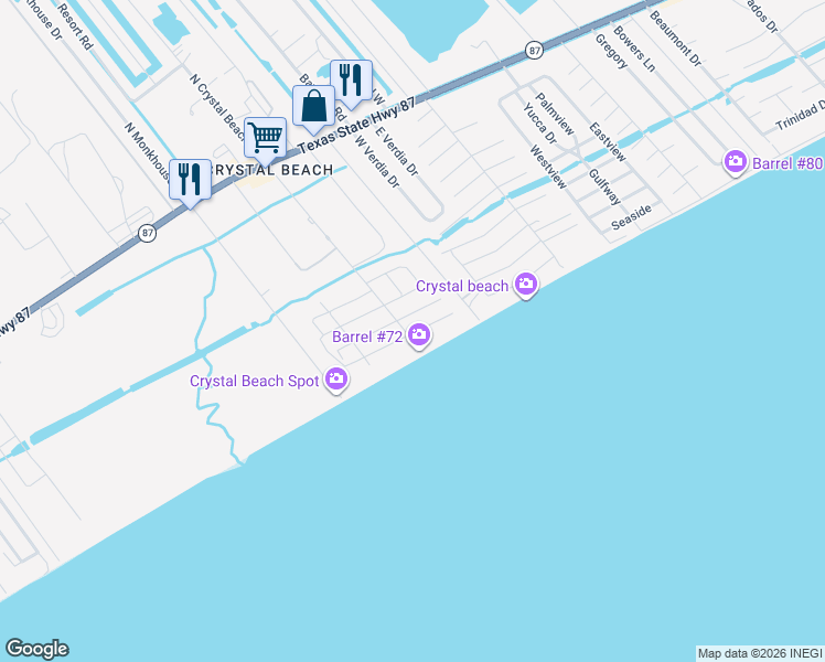 map of restaurants, bars, coffee shops, grocery stores, and more near 1804 Redfish Lane in Bolivar Peninsula