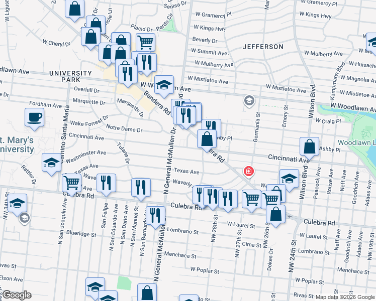 map of restaurants, bars, coffee shops, grocery stores, and more near 234 Westminster Avenue in San Antonio