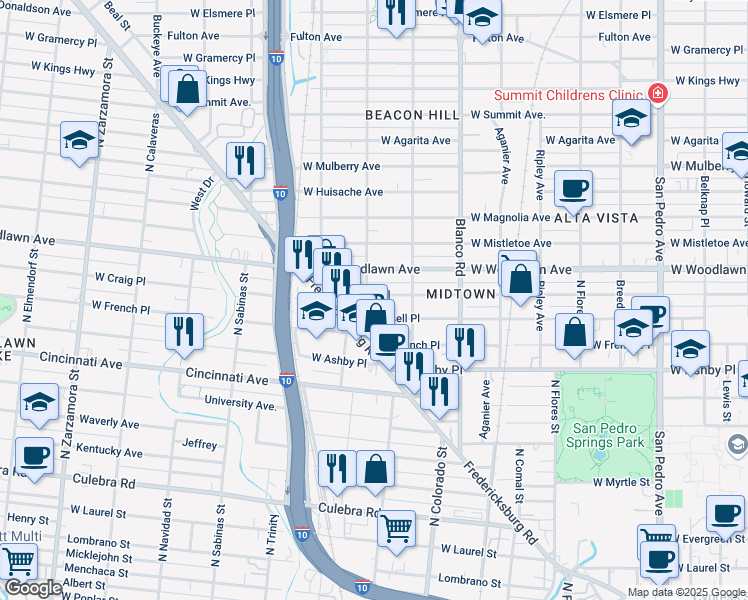 map of restaurants, bars, coffee shops, grocery stores, and more near 1040 West Craig Place in San Antonio