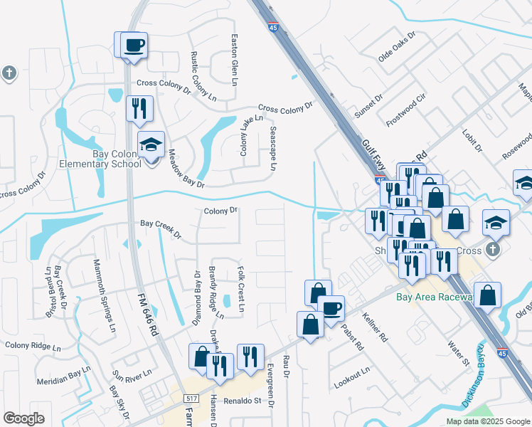 map of restaurants, bars, coffee shops, grocery stores, and more near 513 Teal Drive in Dickinson