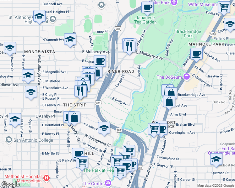 map of restaurants, bars, coffee shops, grocery stores, and more near 714 East Woodlawn Avenue in San Antonio