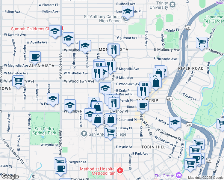 map of restaurants, bars, coffee shops, grocery stores, and more near 2317 McCullough Avenue in San Antonio