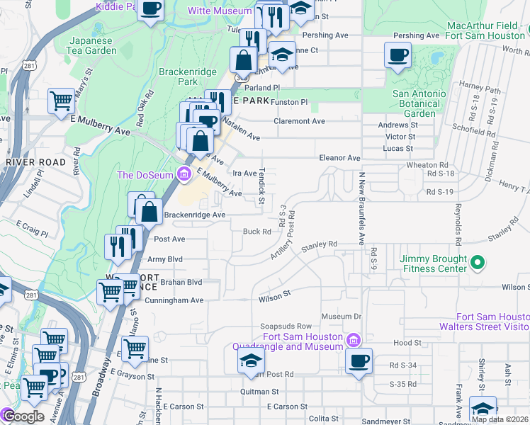 map of restaurants, bars, coffee shops, grocery stores, and more near 1250 East Mulberry Avenue in San Antonio