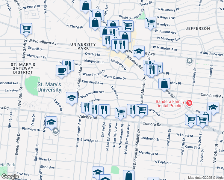 map of restaurants, bars, coffee shops, grocery stores, and more near 2513 Cincinnati Avenue in San Antonio