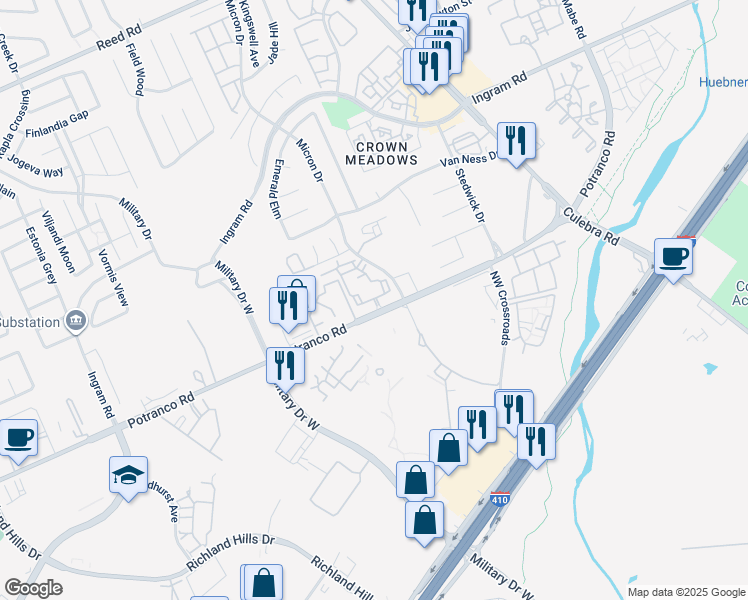 map of restaurants, bars, coffee shops, grocery stores, and more near 7727 Potranco Road in San Antonio