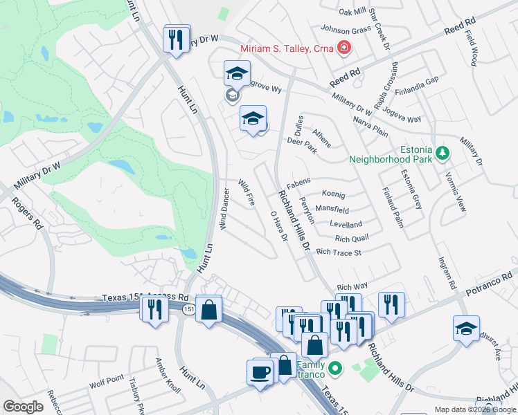 map of restaurants, bars, coffee shops, grocery stores, and more near 1402 O Hara Drive in San Antonio