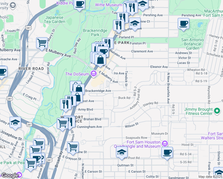 map of restaurants, bars, coffee shops, grocery stores, and more near 223 Brackenridge Avenue in San Antonio