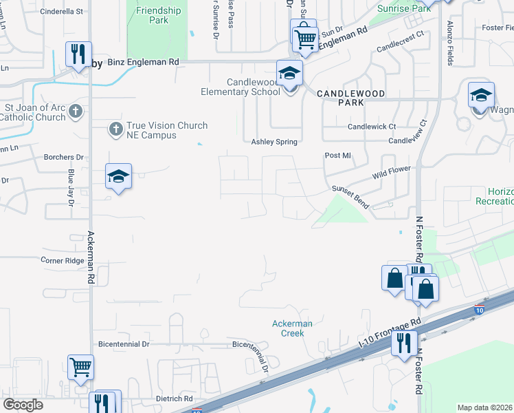 map of restaurants, bars, coffee shops, grocery stores, and more near 2827 Sunset Bend in San Antonio
