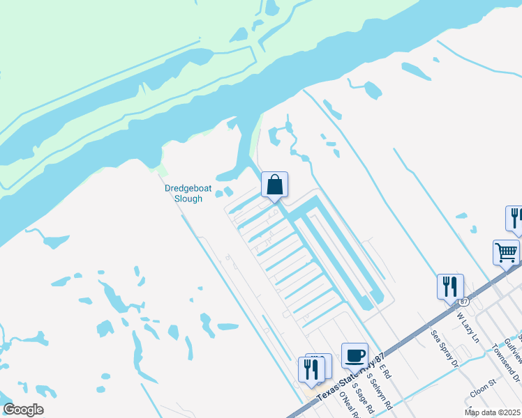 map of restaurants, bars, coffee shops, grocery stores, and more near 1120 Egret Point in Bolivar Peninsula
