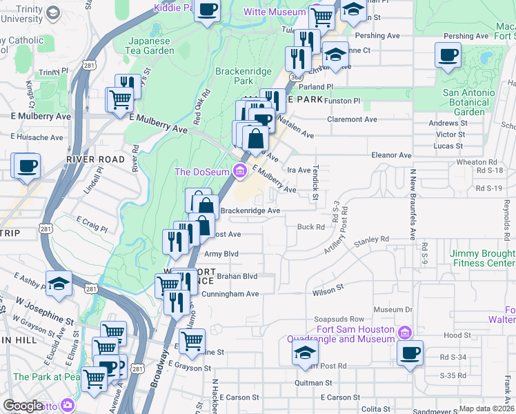 map of restaurants, bars, coffee shops, grocery stores, and more near 135 Brackenridge Avenue in San Antonio