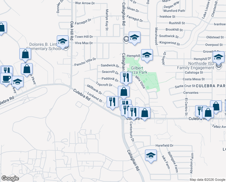 map of restaurants, bars, coffee shops, grocery stores, and more near 5923 Topcroft Drive in San Antonio