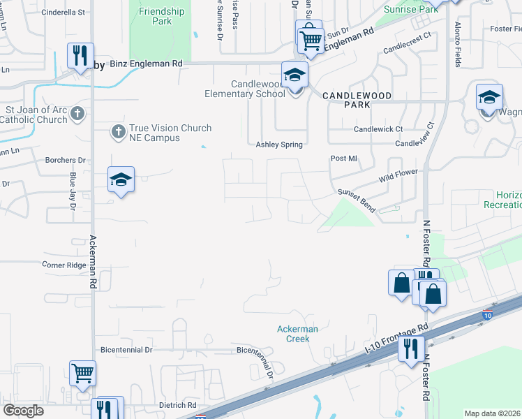 map of restaurants, bars, coffee shops, grocery stores, and more near 2827 Sunset Bend in San Antonio