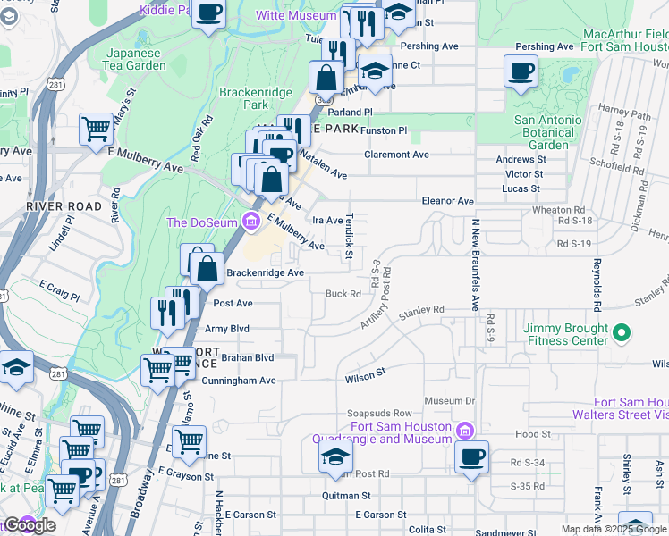 map of restaurants, bars, coffee shops, grocery stores, and more near 1250 East Mulberry Avenue in San Antonio