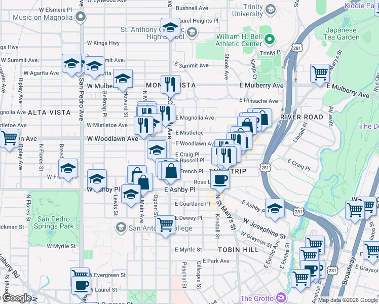 map of restaurants, bars, coffee shops, grocery stores, and more near 238 East Woodlawn Avenue in San Antonio